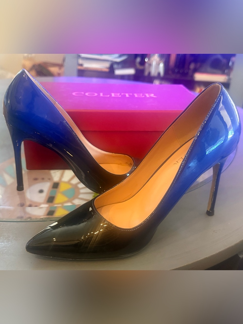 Two-Tone Blue and Black Patent Pointed-Toe Stiletto Pumps